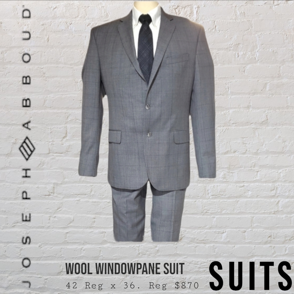 Joseph Abboud Grey Windowpane Wool Suit Men's 42 Regular x 36